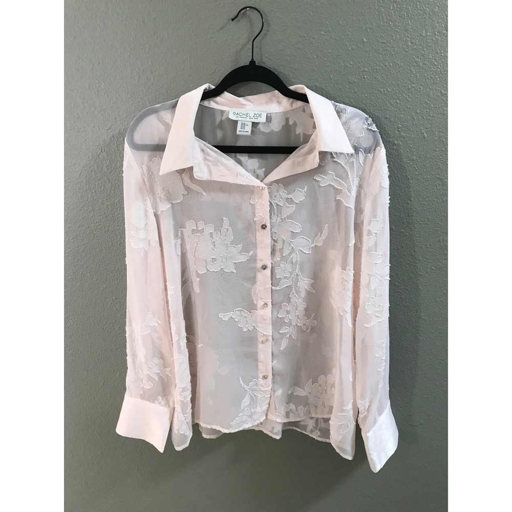 Rachel Zoe Pink Floral Burnout Sheer Mesh Button Down Blouse XL